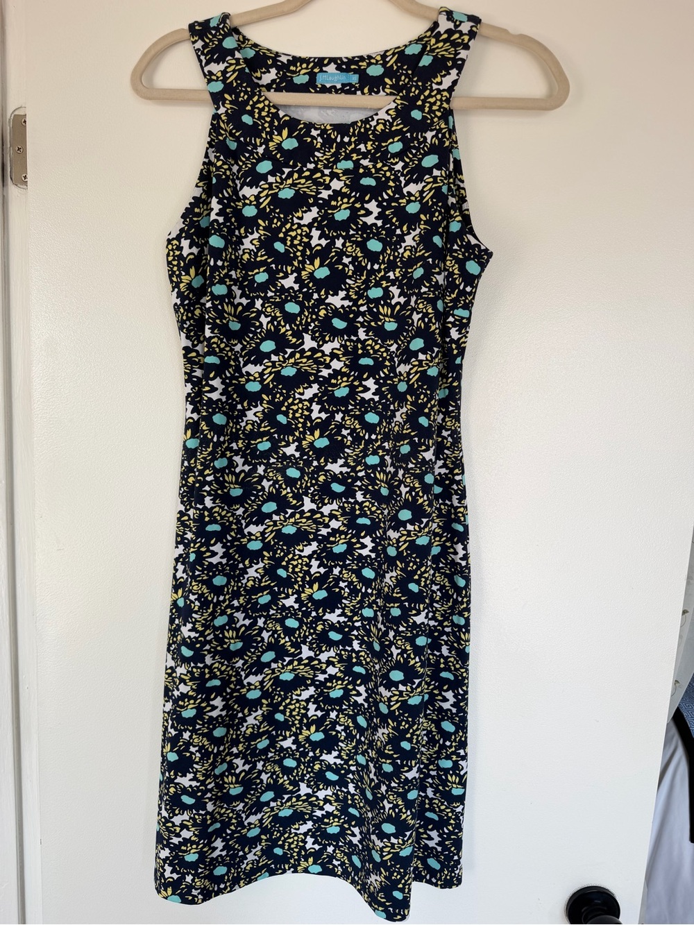 J. McLaughlin Navy Sleeveless Floral Dress with Aqua and Yellow Accents
